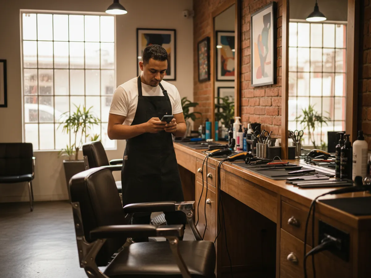 Barbero revisando la agenda del día en su teléfono