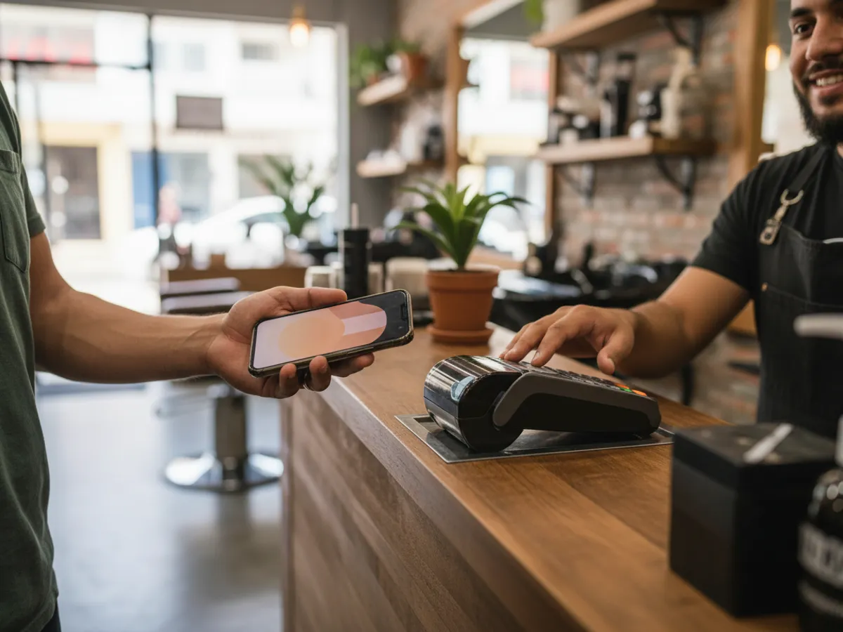 Cliente pagando con el teléfono en el mostrador de una barbería