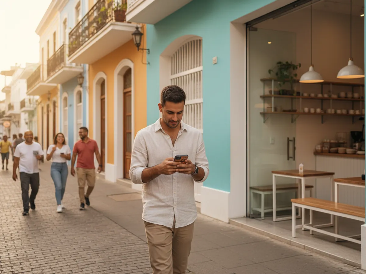 Cliente joven caminando por la calle mientras mira su teléfono