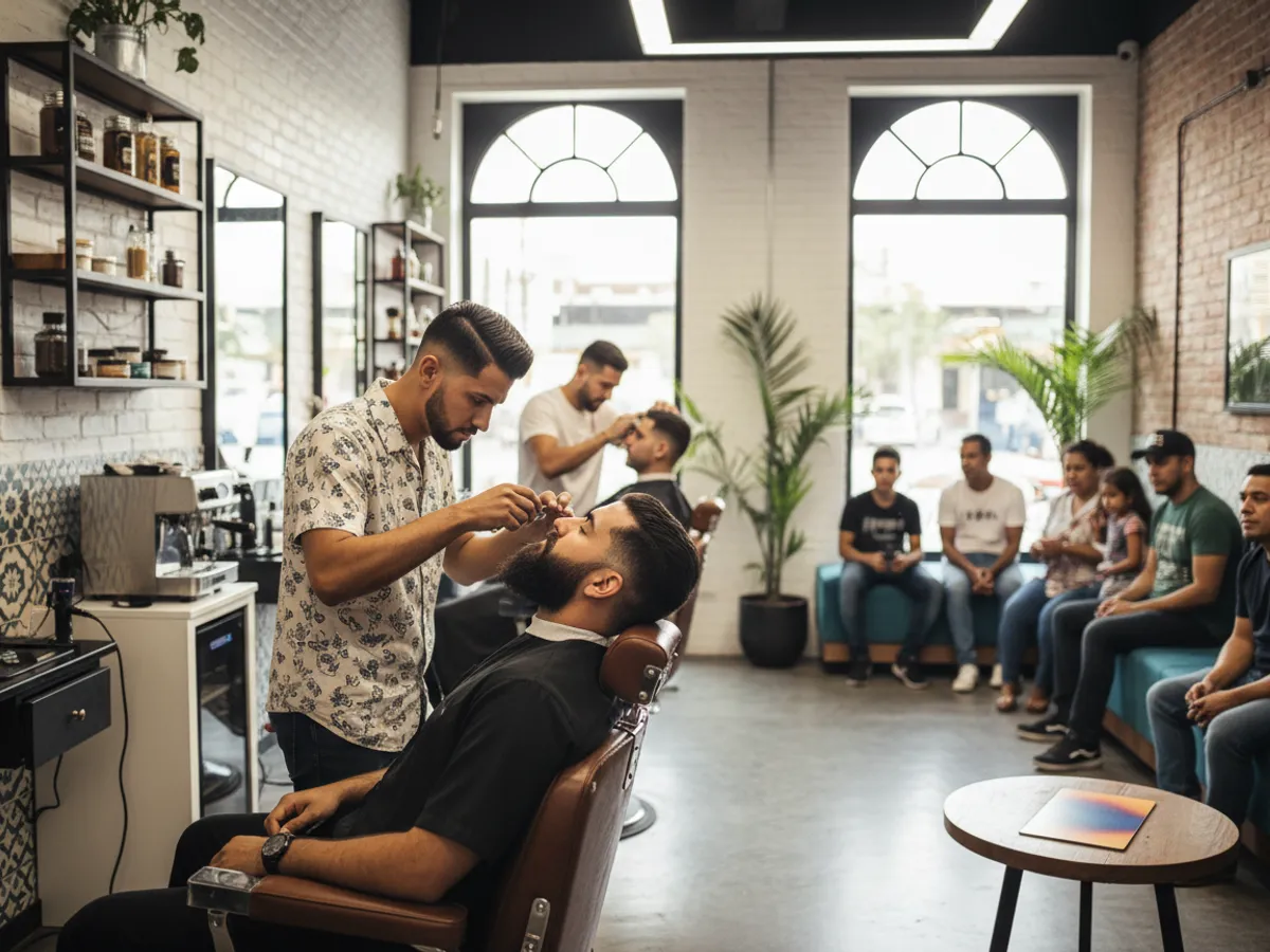 Barbero cortando el pelo a un cliente al mediodía