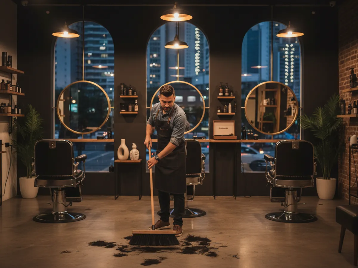 Barbería al cierre de la noche con las sillas vacías