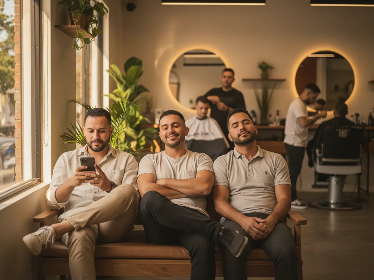Clientes esperando su turno en una barbería moderna