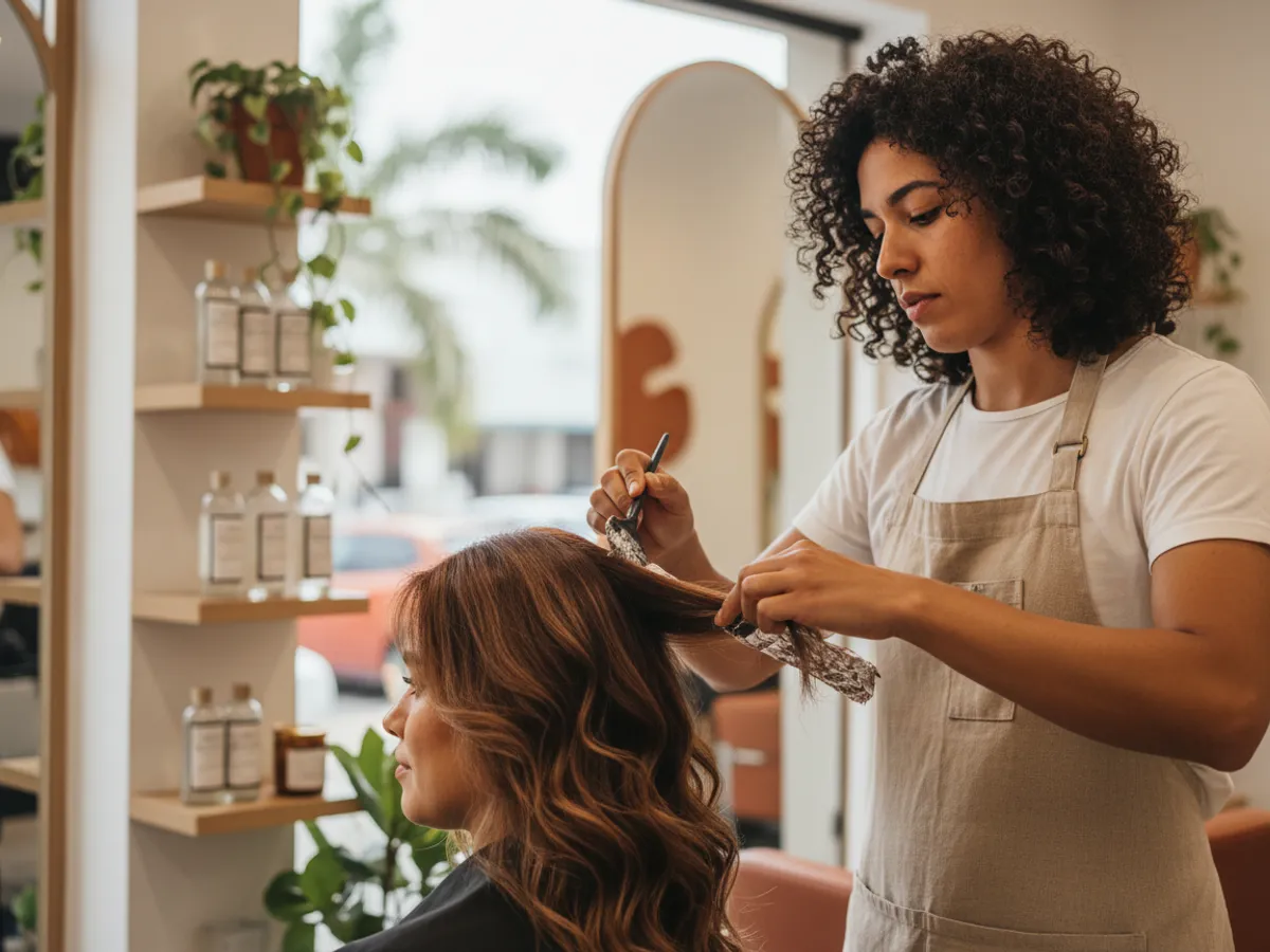 Estilista haciendo mechas balayage a una clienta
