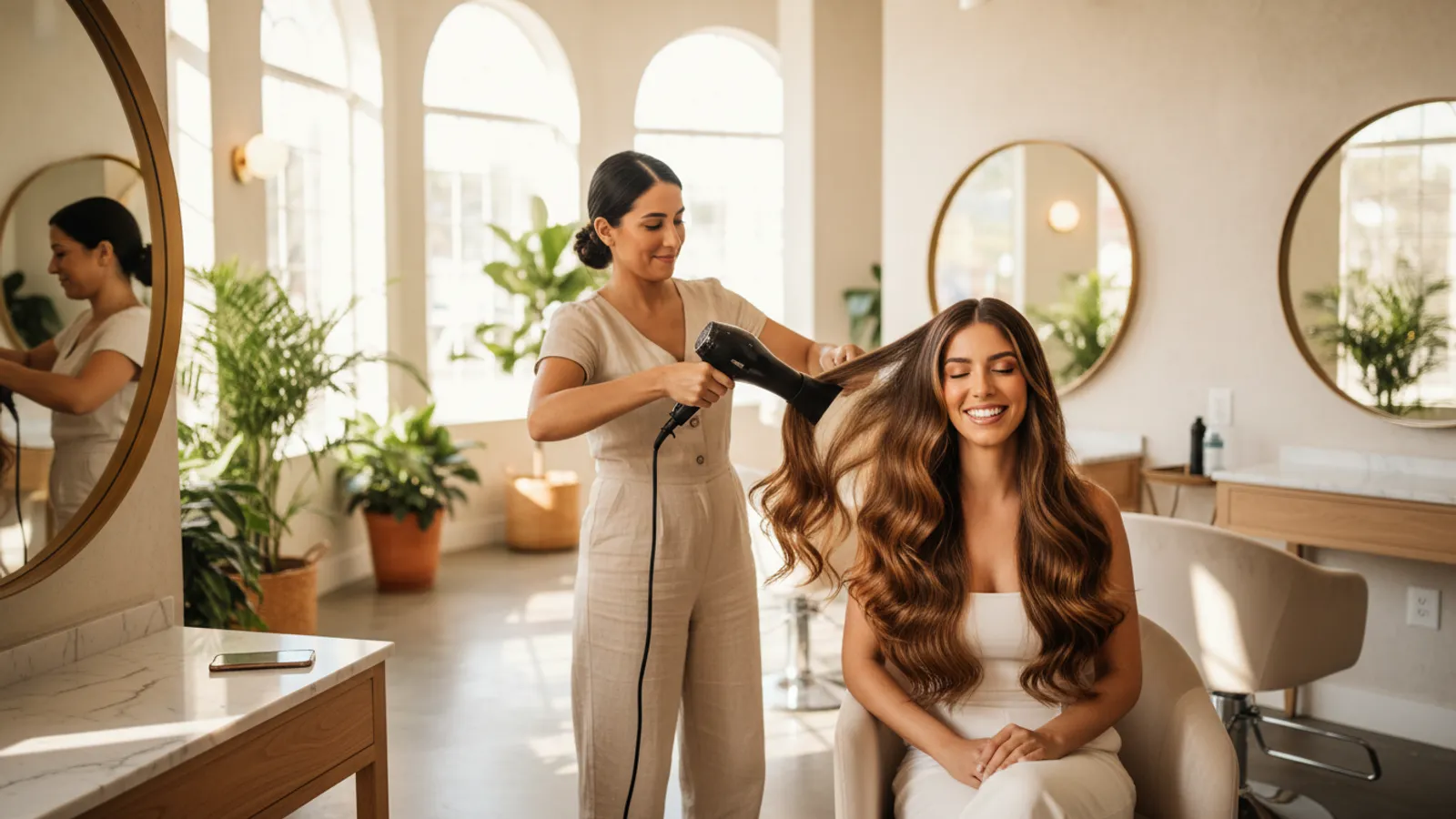 Estilista secando el cabello de una clienta en un salón de belleza de Panamá