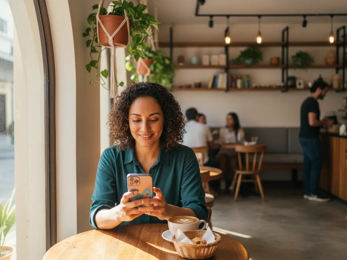 Clienta reservando una cita desde su teléfono en un café