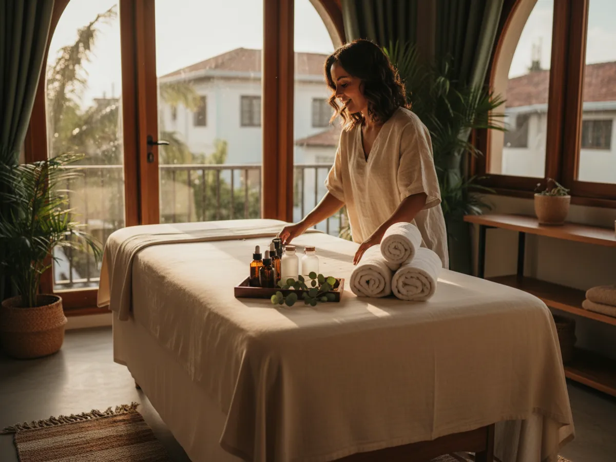 Cabina de spa preparada con toallas y aceites