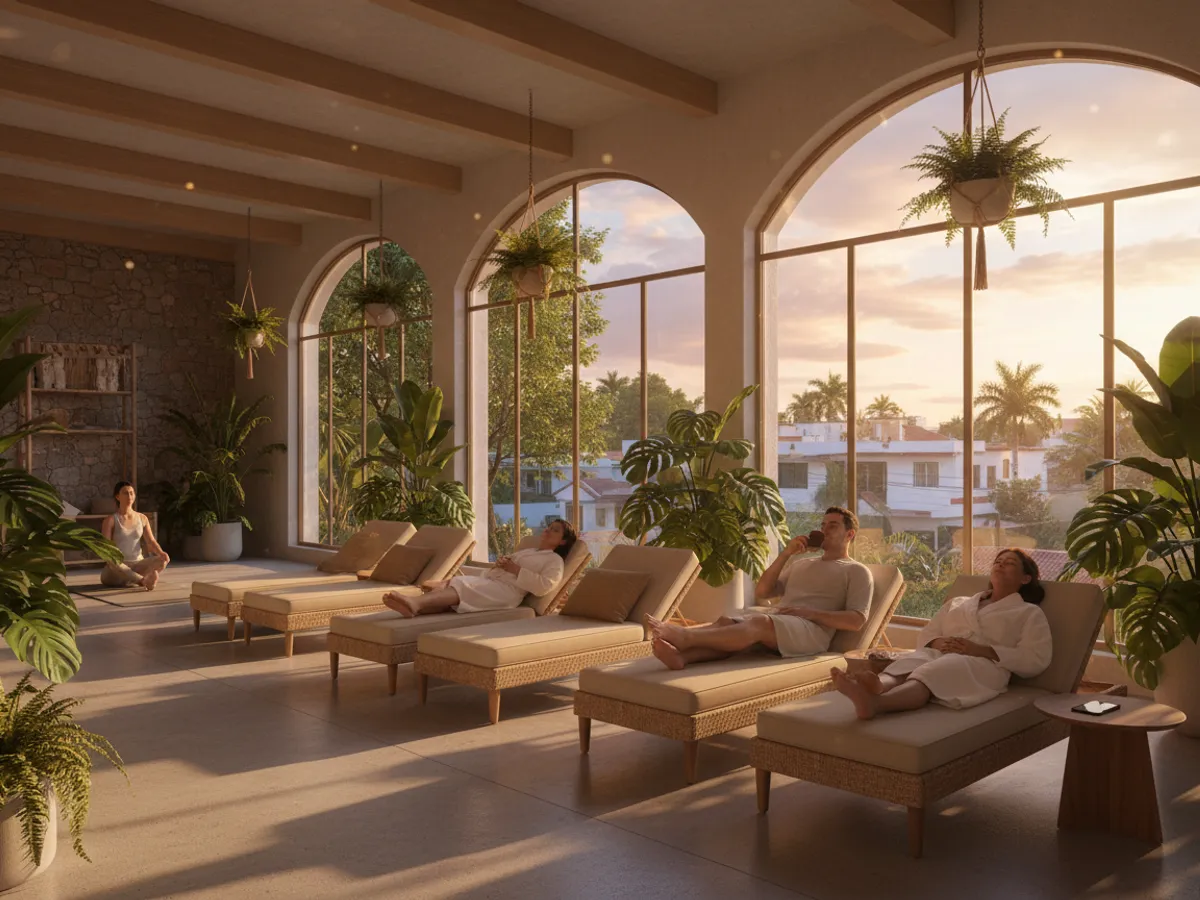 Sala de relajación de un spa al atardecer