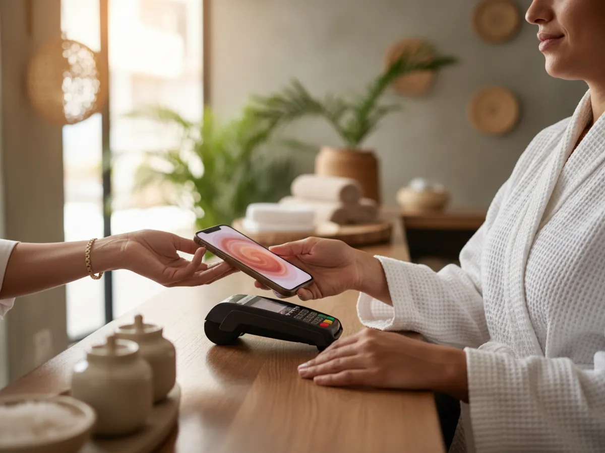 Clienta pagando con su teléfono en la recepción de un spa