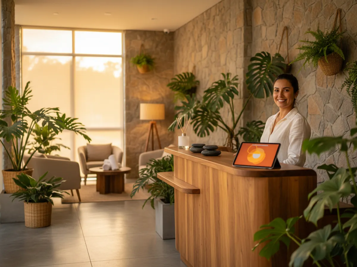 Recepción de un spa con plantas y luz cálida