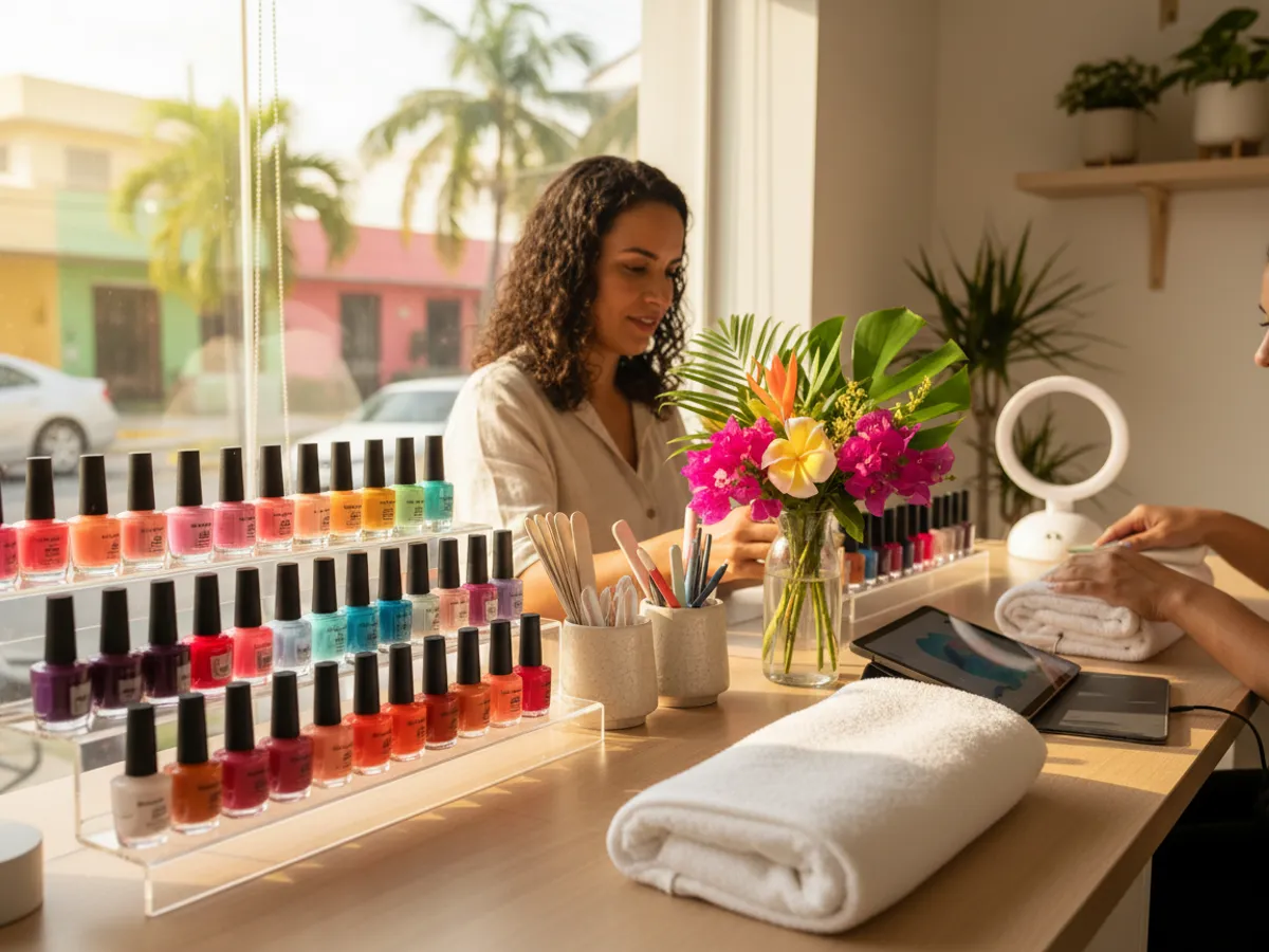 Mesa de manicure lista con esmaltes de colores