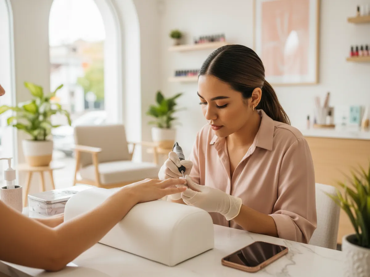 Manicurista haciendo uñas acrílicas