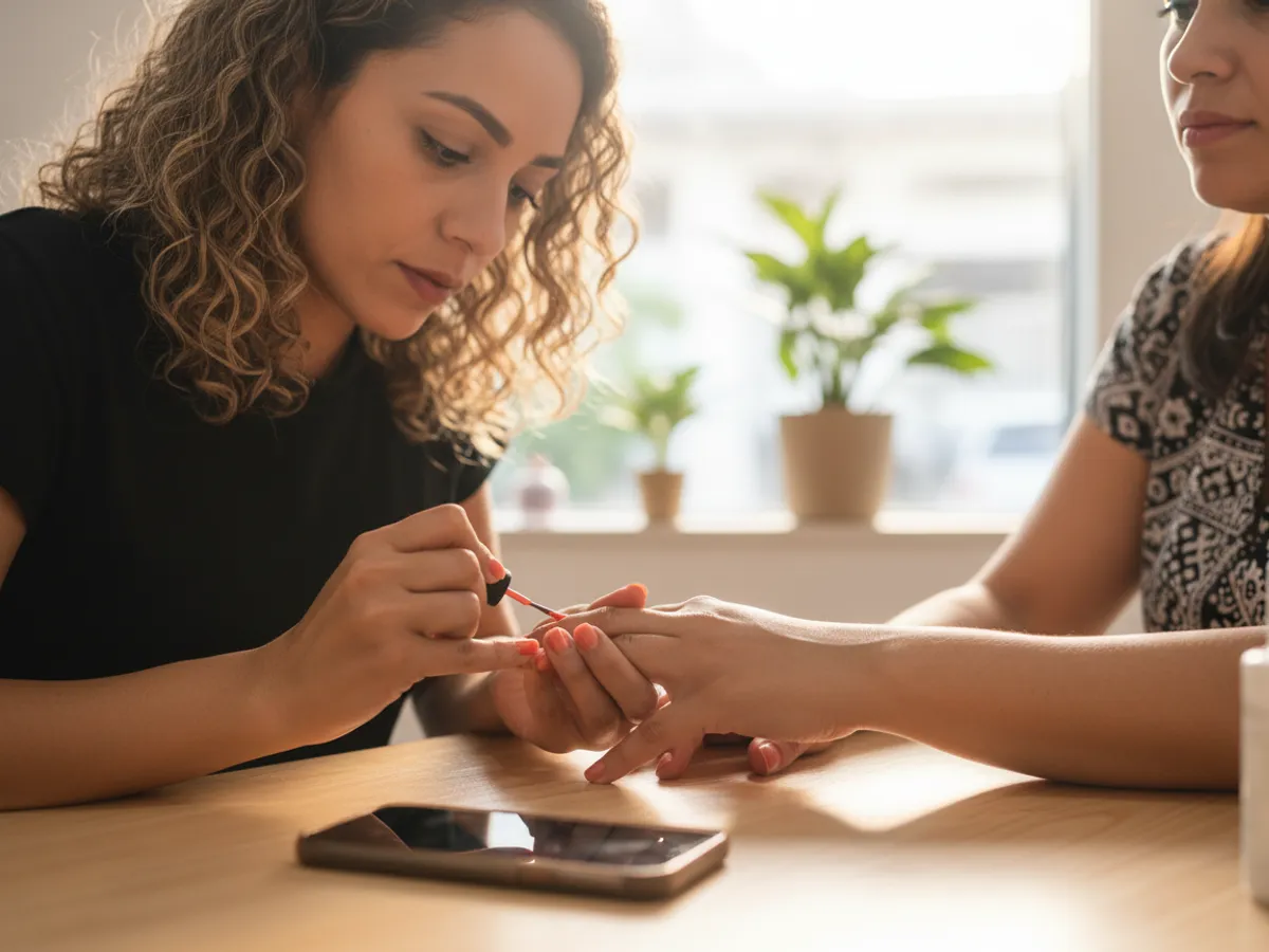 Manicurista aplicando esmalte mientras el teléfono queda a un lado