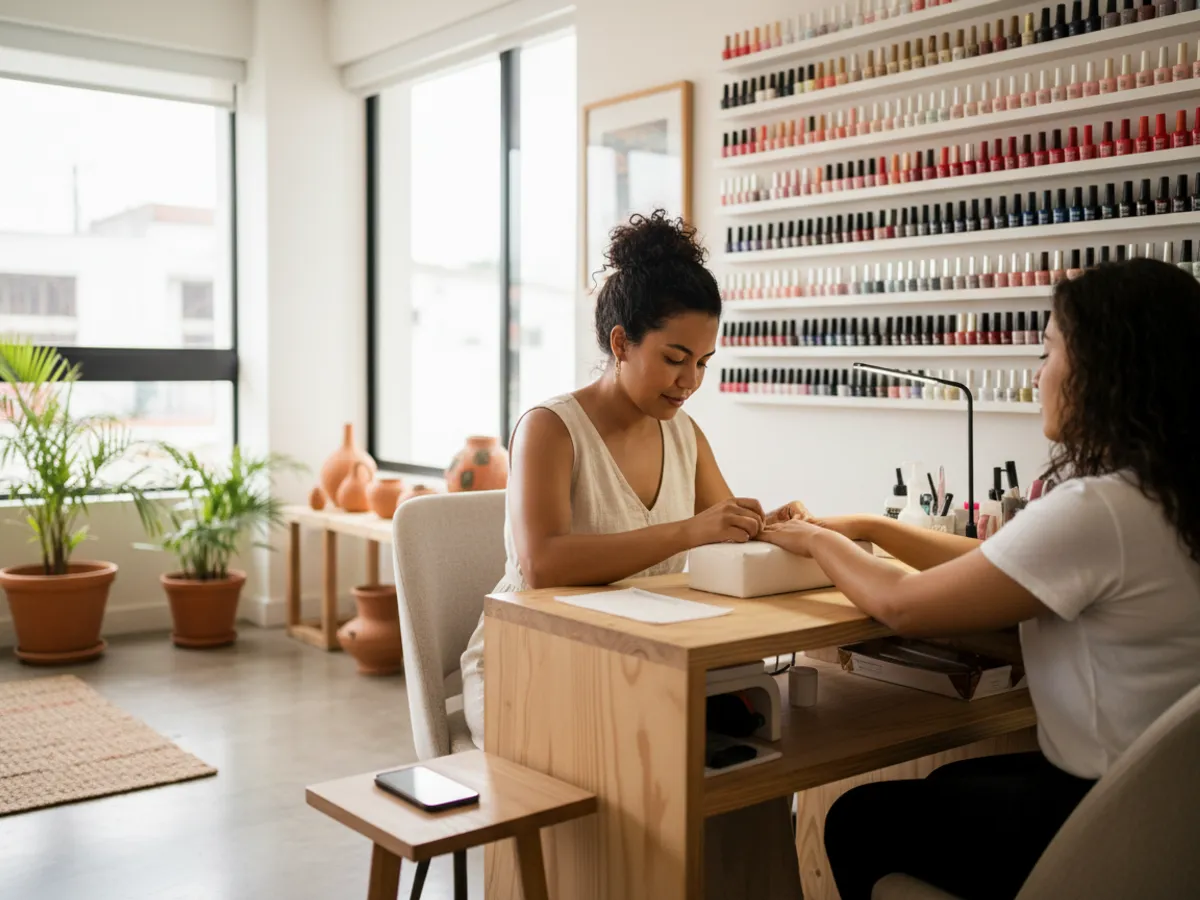 Manicurista independiente trabajando en su mesa