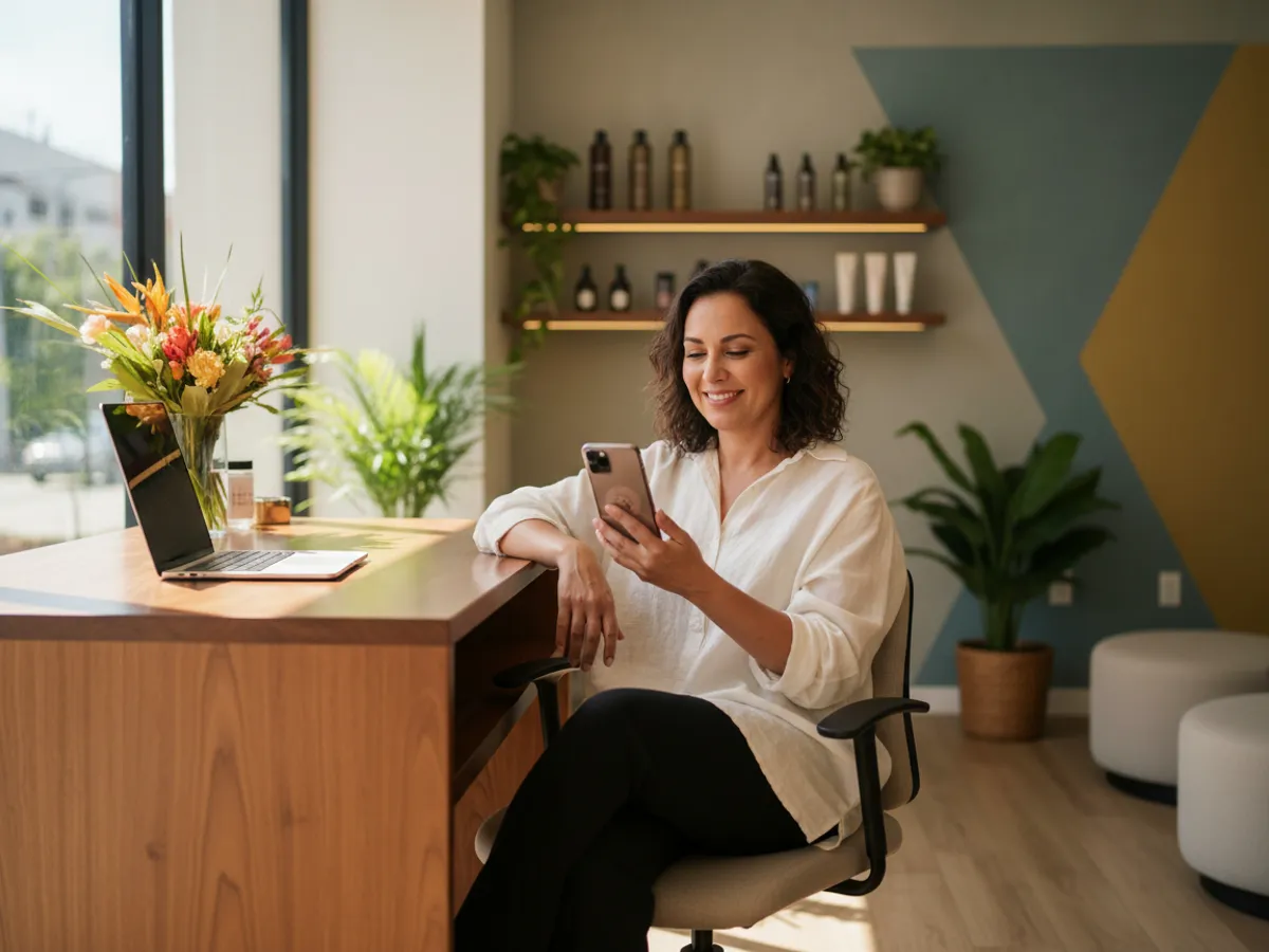 Dueña de salón revisando su día en el teléfono en la recepción